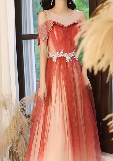 Ombre Prom Dress Crew Neck Pleated Tulle Gala Dress Evening Dress Formal Dress  D4547