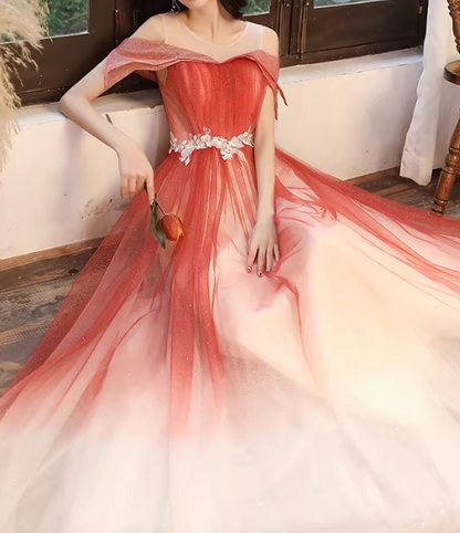 Ombre Prom Dress Crew Neck Pleated Tulle Gala Dress Evening Dress Formal Dress  D4547