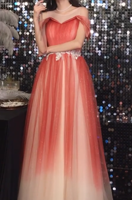 Ombre Prom Dress Crew Neck Pleated Tulle Gala Dress Evening Dress Formal Dress  D4547