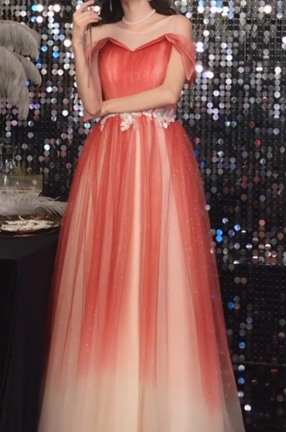 Ombre Prom Dress Crew Neck Pleated Tulle Gala Dress Evening Dress Formal Dress  D4547