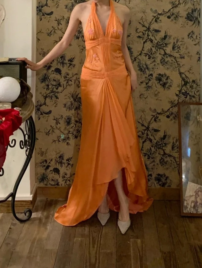 Retro Prom Dress Halter Pleated Gala Dress Cockatail Dress Evening Dress  D4563