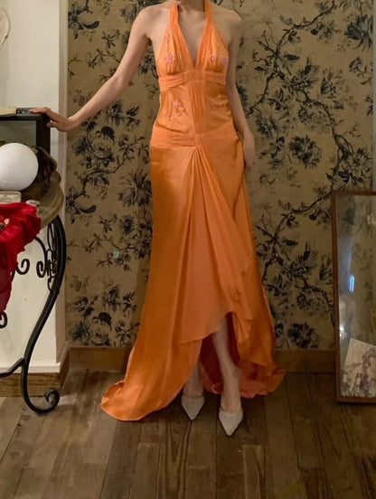 Retro Prom Dress Halter Pleated Gala Dress Cockatail Dress Evening Dress  D4563
