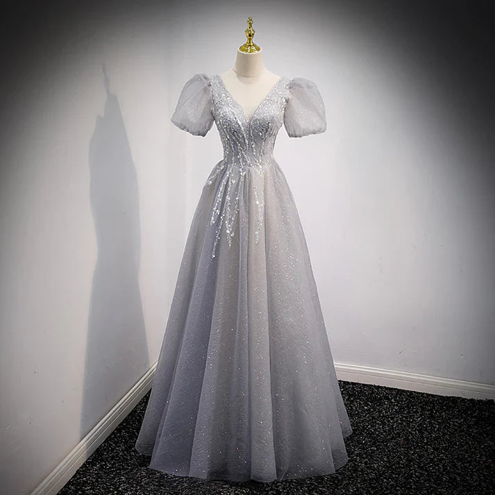 Gray A-Line Sequins Short Sleeves Formal Evening Dress Long Prom Dress MD7544