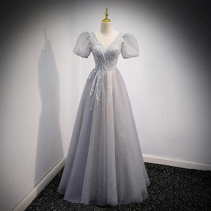 Gray A-Line Sequins Short Sleeves Formal Evening Dress Long Prom Dress MD7544