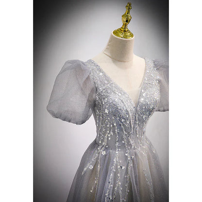 Gray A-Line Sequins Short Sleeves Formal Evening Dress Long Prom Dress MD7544