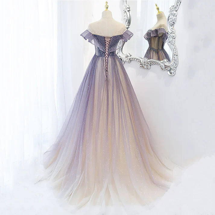 Purple Shiny A Line Tulle Prom Dress Off Shoulder Long Evening Gown MD7564