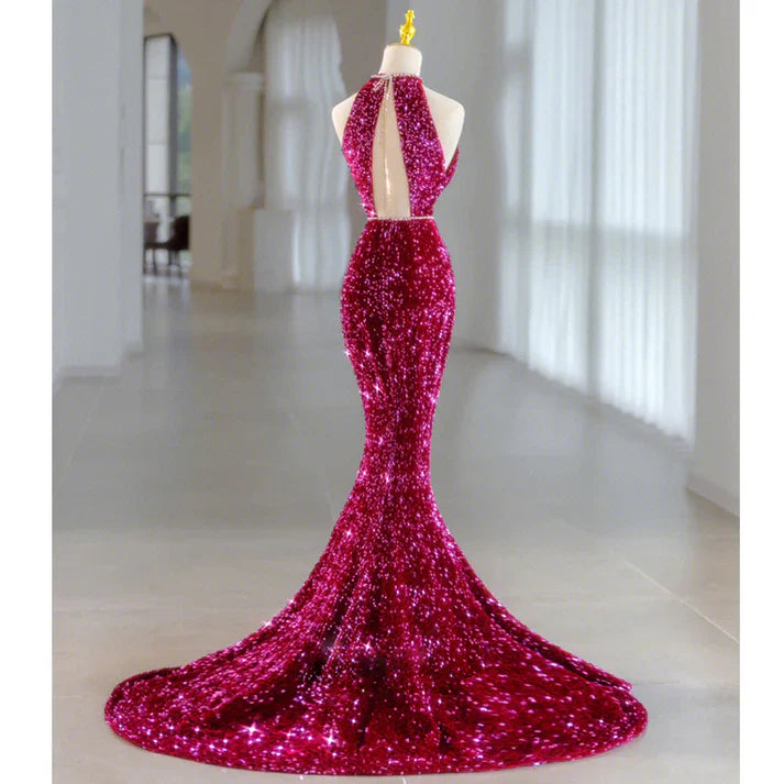 Sequins Rose Red Long Prom Dress Mermaid Long Evening Dress MD7546