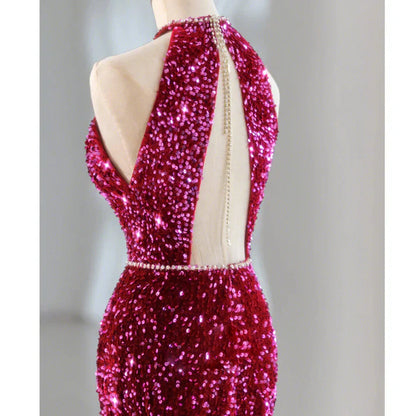 Sequins Rose Red Long Prom Dress Mermaid Long Evening Dress MD7546