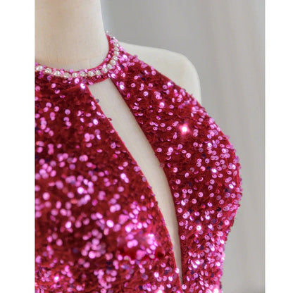 Sequins Rose Red Long Prom Dress Mermaid Long Evening Dress MD7546