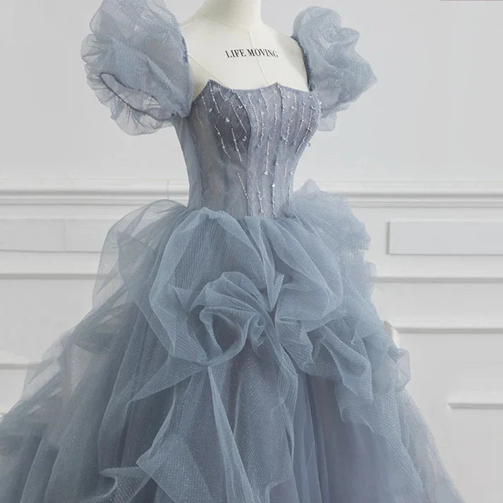 Blue Tulle Princess Ball Gown Puff Sleeves Sweet Evening Dress MD7547