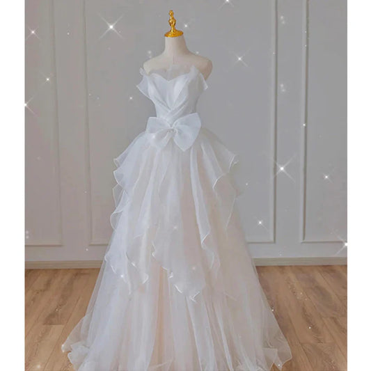 White French Strapless Wedding Gown Bow Tie Long Prom Dress MD7552