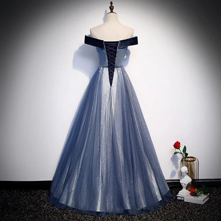 Off Shoulder Velvet Tulle Prom Dress Beaded Long Evening Dress MD7554