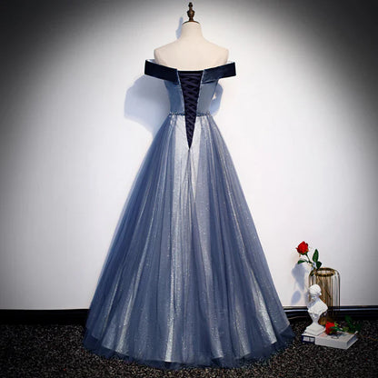 Off Shoulder Velvet Tulle Prom Dress Beaded Long Evening Dress MD7554