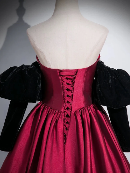 A-Line Satin Dark Red Long Prom Dress, Dark Red Long Evening Dress MD7256
