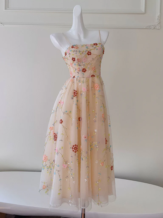 A-Line Tulle Sequin Champagne Pink Prom Dress, Champagne Homecoming Dress MD7265