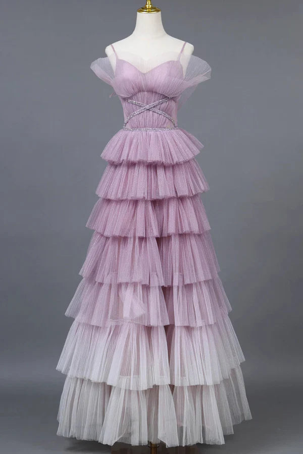 Ombre Spaghetti Straps Tiered A-Line Formal Dress Princess Long Prom Gown MD7540