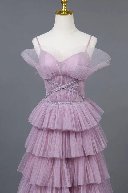 Ombre Spaghetti Straps Tiered A-Line Formal Dress Princess Long Prom Gown MD7540