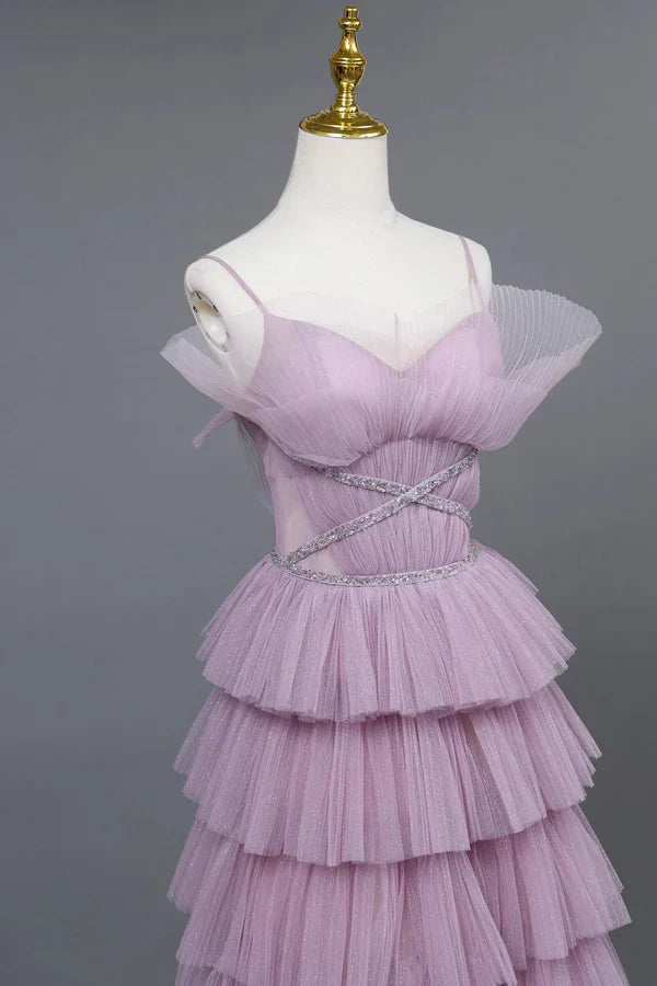 Ombre Spaghetti Straps Tiered A-Line Formal Dress Princess Long Prom Gown MD7540