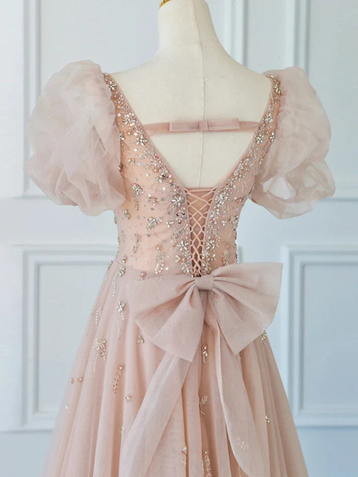 Shiny Pink A Line Long Prom Dress Cute Fairy Formal Party Dress MD7576
