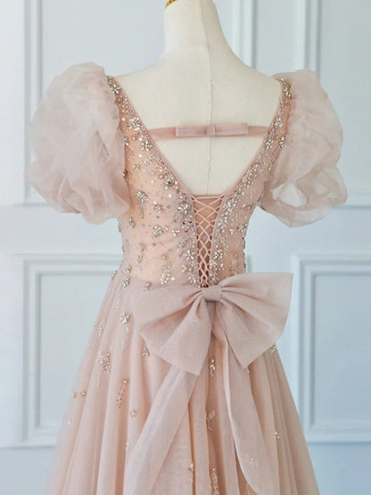 Shiny Pink A Line Long Prom Dress Cute Fairy Formal Party Dress MD7576