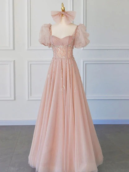 Shiny Pink A Line Long Prom Dress Cute Fairy Formal Party Dress MD7576
