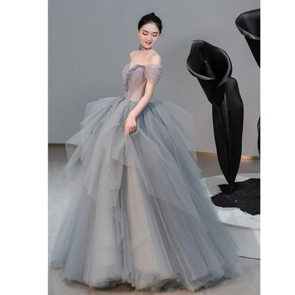 Off Shoulder Fluffy Ball Gown Blue Gray Tulle Formal Dress Evening Gown MD7577