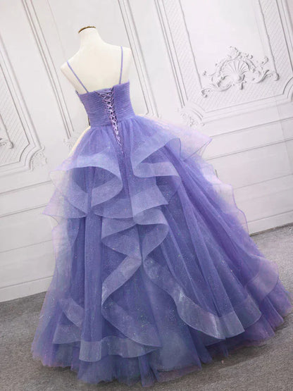 Light Purple Straps Long Prom Dress A Line Layered Birthday Party Dress MD7584