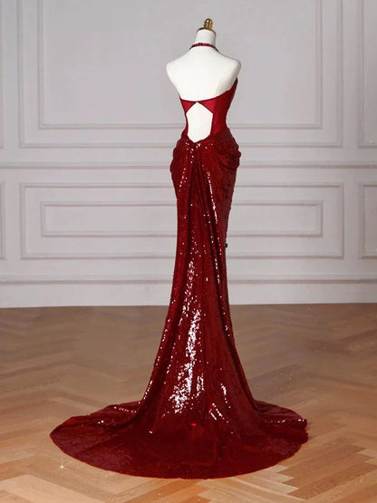 Red Halter Sequin Mermaid Long Prom Dress Evening Party Dress  MD7589
