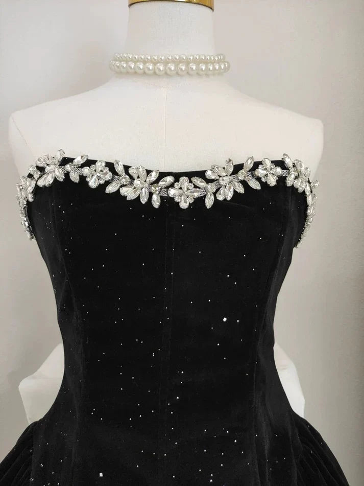 Black Strapless Short Prom Dress Beaded Evening Party Dress  MD7590