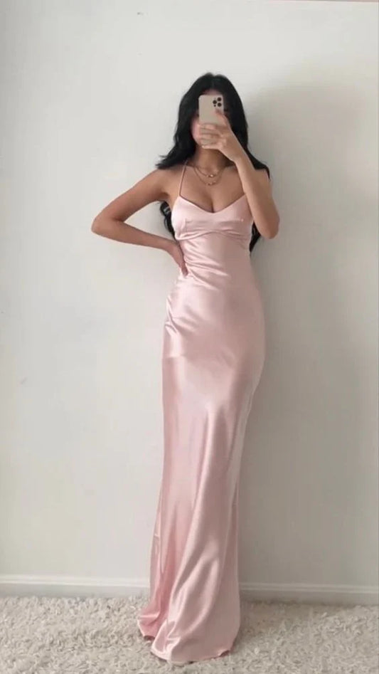 Pink Halter Neck Long Prom Dresses Sheath Satin Evening Dress MD7609