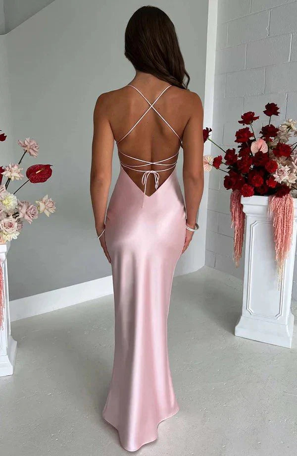 Pink Halter Neck Long Prom Dresses Sheath Satin Evening Dress MD7609