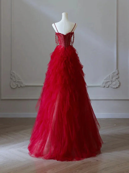 Red Sweetheart Tulle Layers Straps Prom Dress, Red Long Party Dress MD7617