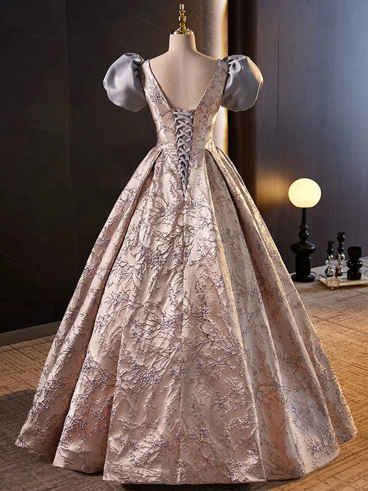 Lovely A-Line Floral Satin Short Sleeves Long Prom Dress Formal Gown MD7618