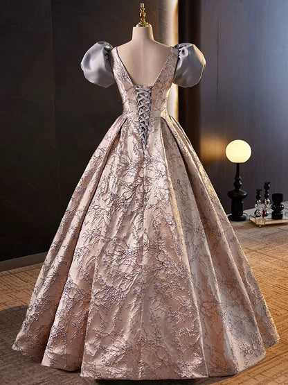 Lovely A-Line Floral Satin Short Sleeves Long Prom Dress Formal Gown MD7618