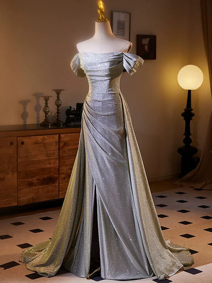 Shiny Sliver Grey A-line Long Formal Dress, Simple Grey Off Shoulder Prom Dress MD7619