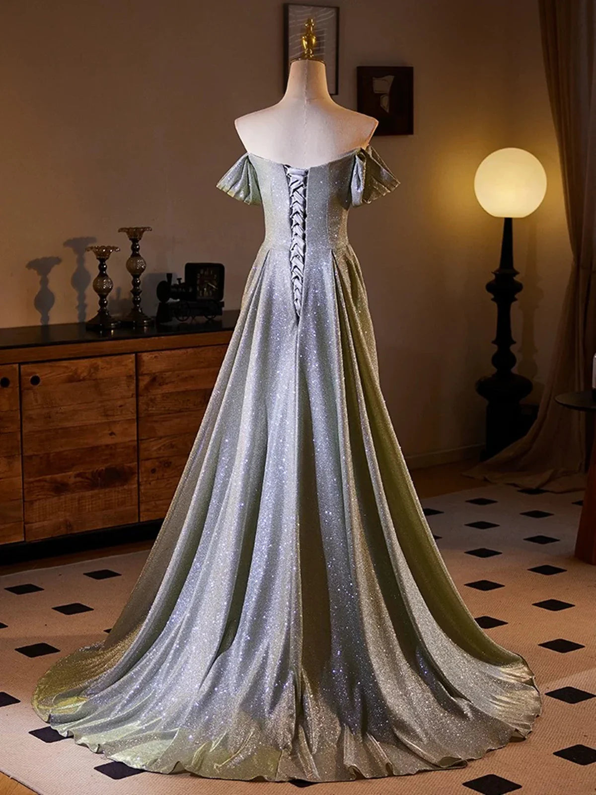 Shiny Sliver Grey A-line Long Formal Dress, Simple Grey Off Shoulder Prom Dress MD7619
