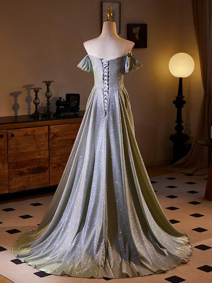Shiny Sliver Grey A-line Long Formal Dress, Simple Grey Off Shoulder Prom Dress MD7619