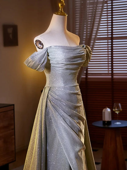 Shiny Sliver Grey A-line Long Formal Dress, Simple Grey Off Shoulder Prom Dress MD7619