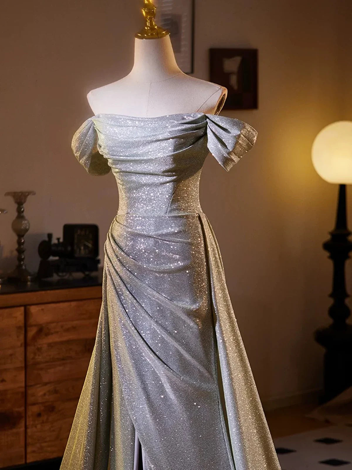 Shiny Sliver Grey A-line Long Formal Dress, Simple Grey Off Shoulder Prom Dress MD7619