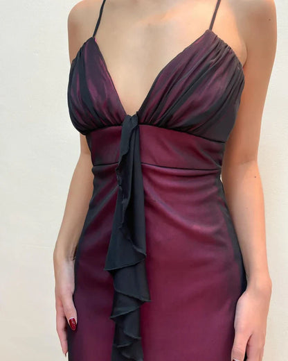 V Neck A Line Vintage Long Prom Dress Ruffle Evening Party Dress MD7620