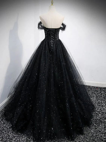 Off The Shoulder Shiny Tulle Long Prom Dress A Line Black Evening Dress  MD7629