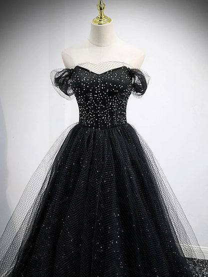 Off The Shoulder Shiny Tulle Long Prom Dress A Line Black Evening Dress  MD7629