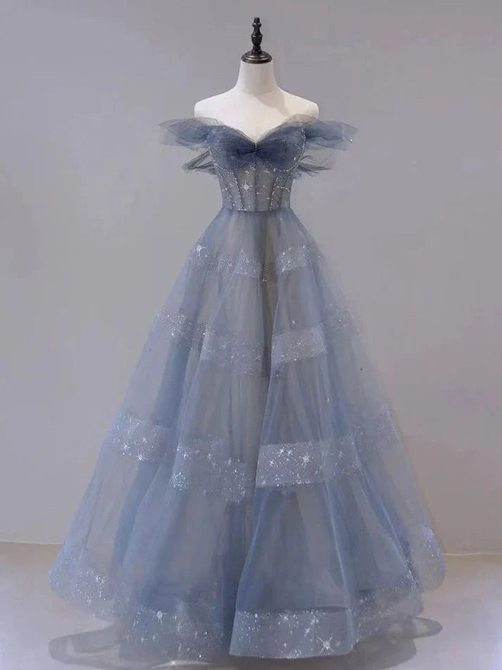 Off The Shoulder Blue Tulle A Line Long Prom Dress MD7637