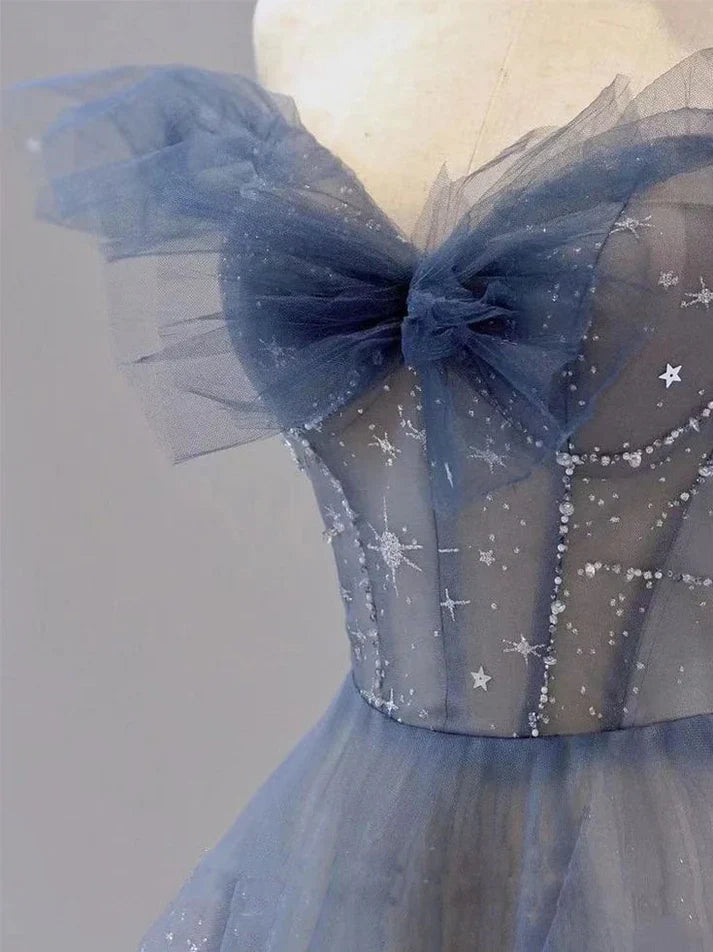 Off The Shoulder Blue Tulle A Line Long Prom Dress MD7637