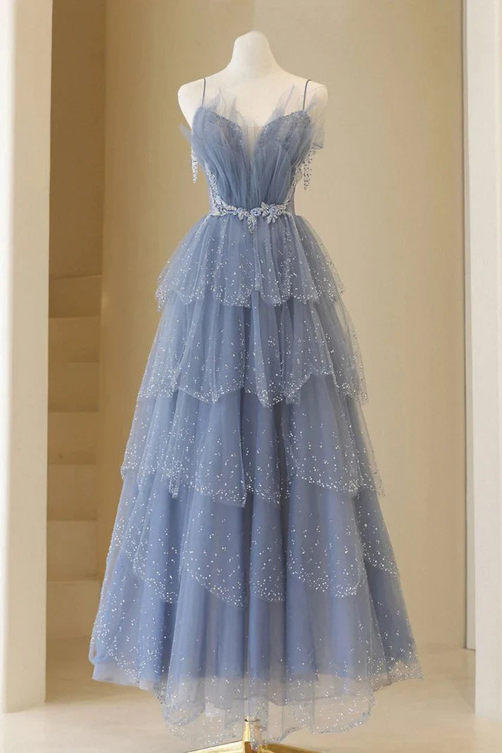 Shiny Blue Straps A Line Layered Long Prom Dress Beaded Birthday Gown MD7641