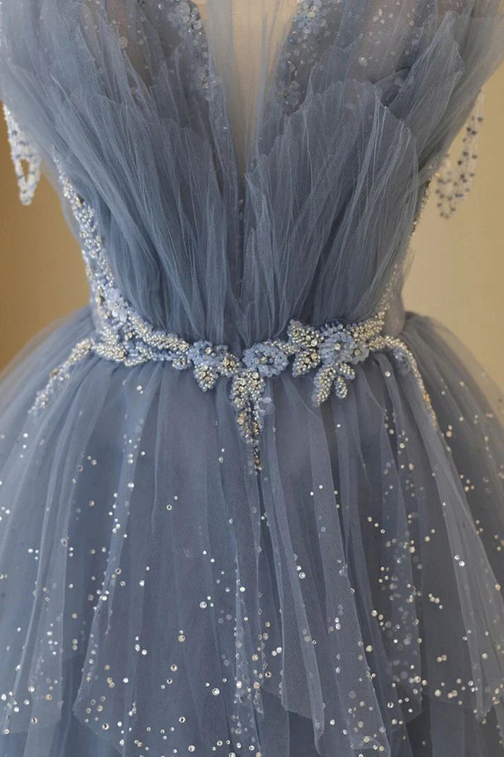 Shiny Blue Straps A Line Layered Long Prom Dress Beaded Birthday Gown MD7641