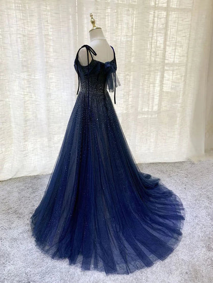 Dark Blue Tulle Sequin Long Prom Dresses A Line Birthday Party Dresses MD7642