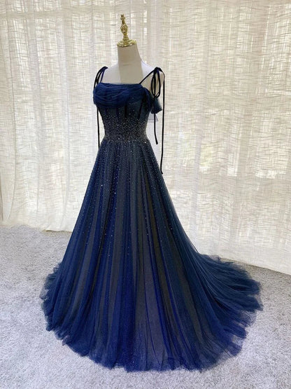 Dark Blue Tulle Sequin Long Prom Dresses A Line Birthday Party Dresses MD7642