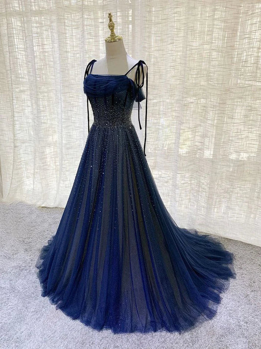Dark Blue Tulle Sequin Long Prom Dresses A Line Birthday Party Dresses MD7642