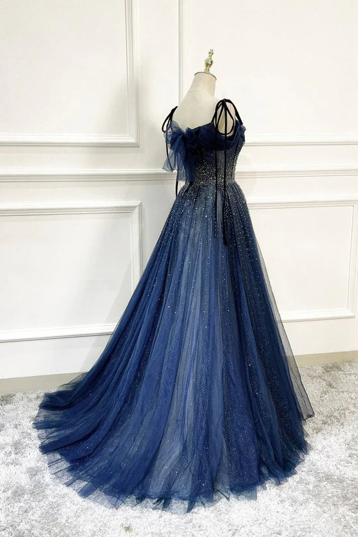 Dark Blue Tulle Sequin Long Prom Dresses A Line Birthday Party Dresses MD7642